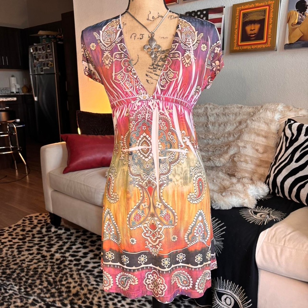 Boho Paisley Mini Dress Empire Waist Festival🌿
